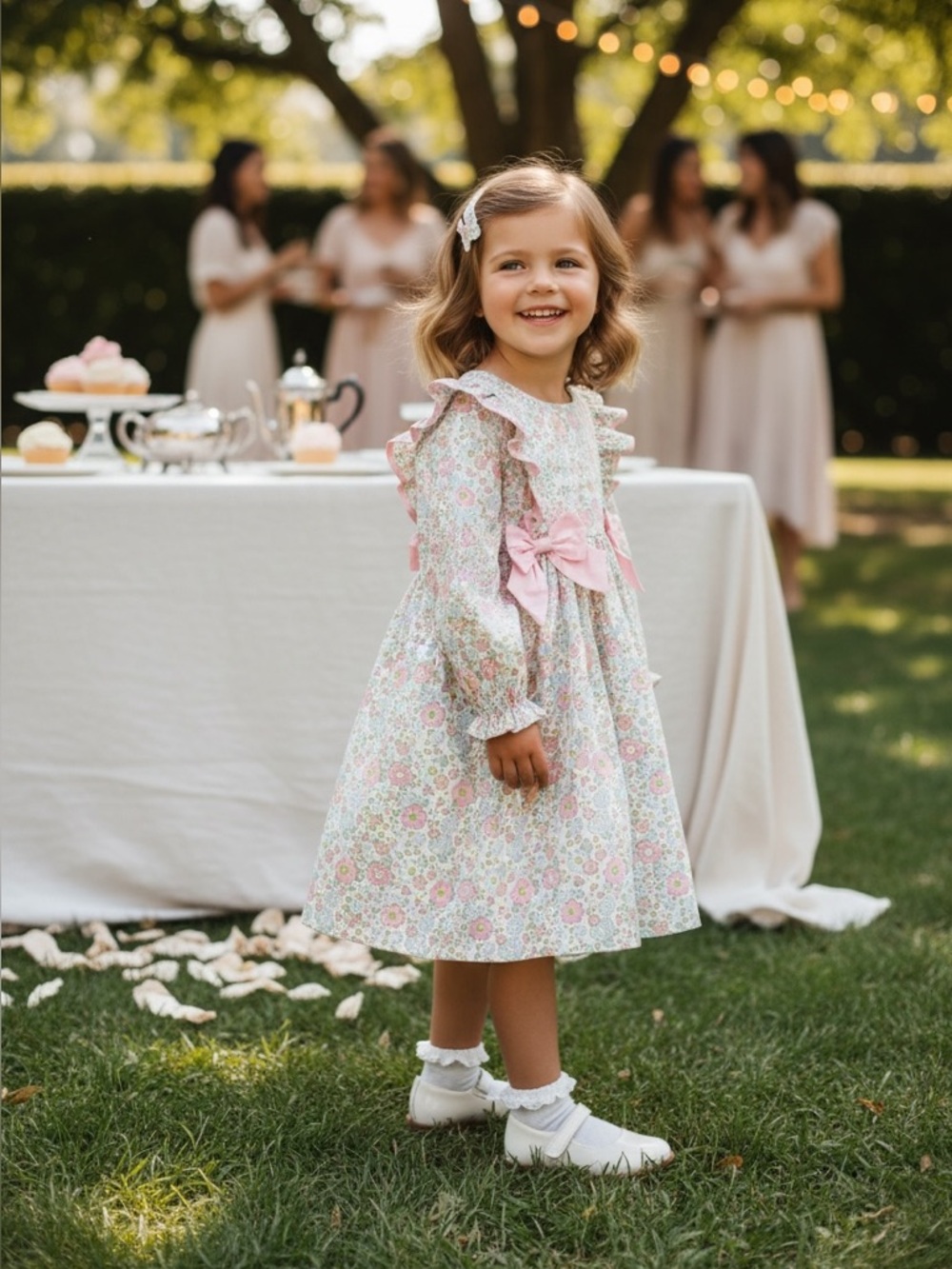 Sweet Floral Ruffle Girl's Dress with Pink Bows | Stitchy Fish | 4T